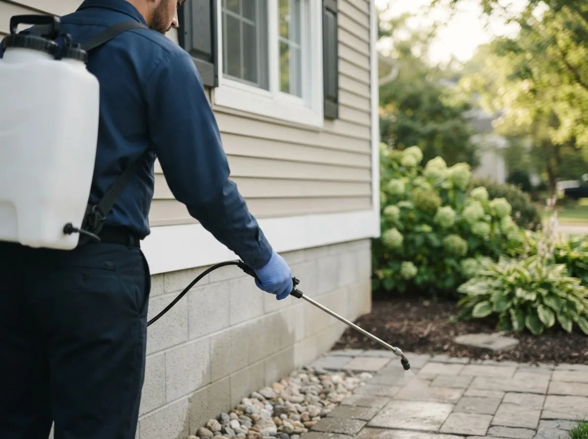 Pest control technician inspecting a home in Gandeeville, WV